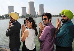 Veteran comedian Jaspal Bhatti (right) on the banks of a Thermal lake playacts to mock at the dismal power scenario in the state. Bhatti was in Bathinda on Wednesday to promote his upcoming film "Power Cut", which is scheduled to release soon