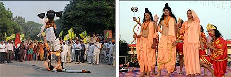 On Vijaya Dashmi, which signifies the victory of good over evil, social organisations came together to burn an effigy near the Mini-secretariat of what they called was an unholy alliance between the political class and the anti-social elements; scenes from the Ramayana were enacted at the MSD School with artists playing the role of Ram, Lakshman and Sita; schoolchildren perform during a cultural function; kids are all smiles on the bike with Dussehra toys