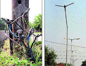 Loose electricity wires on the road separating Sectors 48 and 49 in Chandigarh; and (right) non-functional streetlights on the same road