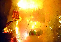 The burning effigy of Ravana at Ramlila Grounds on the occasion of Dasehra in Delhi on Wednesday