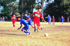 Players in action during a match in the Kargil Martyr Jaideep Bhandari Memorial Football Tournament  in Dehradun on Wednesday. 