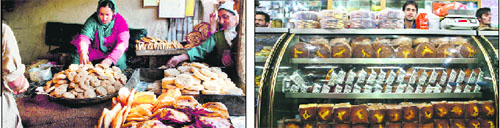 Bakers sell bread at a shop in Srinagar; (R) Cakes on display at another business establishment. 