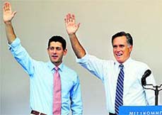 US President Barack Obama and Vice-President Joe Biden acknowledge supporters during a campaign rally in Ohio; and (right) Republican presidential nominee Mitt Romney (R) and vice-presidential nominee Paul Ryan wave at the conclusion of a campaign rally in Nevada