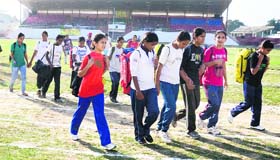 Participants of the Punjab State Games for Women arrive at Guru Nanak Stadium in Amritsar on Thursday.