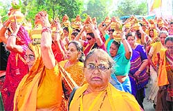 Women take out a religious procession prior to the Ganpati mahayajna in Haridwar on Thursday