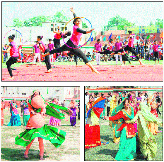 (Top) Players display their skills in rhythmic gymnastics at the opening ceremony of the three-day Punjab State Women Games in Amritsar on Friday; and (below) girls perform giddha during the games.  