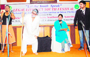 Students perform a skit during the legal literacy youth festival at the Khalsa College of Education on Friday. 