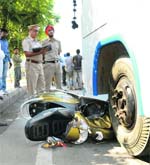 Scooter riders had a miraculous escape after their vehicle was hit by a bus on Ferozpur Road in Ludhiana on Friday.