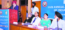 Dr SS Gill, Vice-Chancellor, Baba Farid University of Health Sciences, Faridkot, speaks during the 18th annual conference of Punjab Chapter of Indian Orthopaedic Association in Amritsar on Saturday. A Tribune photograph