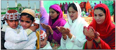 (Left) Children greet each other on the occasion of Eid-ul-Zuha at the Eidgah in Bathinda on Saturday; devotees offer prayers at the Eidgah.