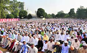 Devotees offer Eid-ul-Zuha prayers at the Sector 20 mosque in Chandigarh.
