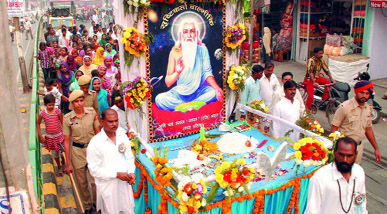 A procession being carried out to mark Valmiki Jayanti in Bathinda on Sunday.