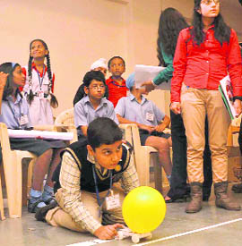 Fun time: Children race their balloon-powered cars in Jet Toy Olympics at Millennium School, Sector 67, Mohali.
