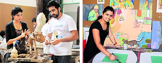 Taranpreet Kaur works on a sculpture with a co-student; and Rajni Chauhan shows her canvas