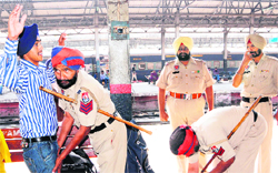 Punjab Police and GRP personnel carry out checks at Amritsar railway station in view of the festival season on Monday. photo: vishal kumar