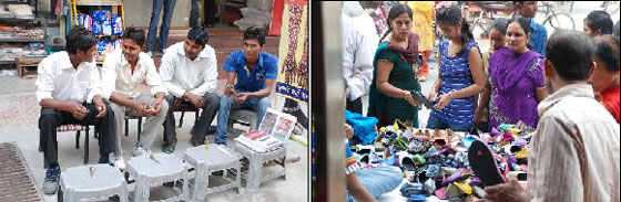 (Left) Mehndi (henna) artists chat in Dhobi Bazaar while waiting for customers. Womenfolk visit the market in large numbers to get henna applied on their hands for Karva Chauth. But the zing has been missing in the market so far; a shop (right) selling footwear fares better with customers lining up to buy the shoes of their choice on Monday. 