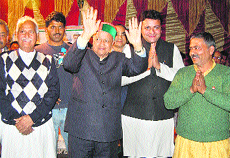 HPCC chief Virbhadra Singh at an election rally in favour of Sudhir Sharma at Mandal panchayat near Dharamsala on Sunday.