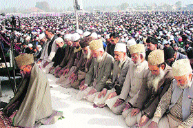 Muslims offer Eid prayers at an Eidgah in Srinagar.