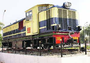 a vintage rail locomotive at the Ferozepur railway station.