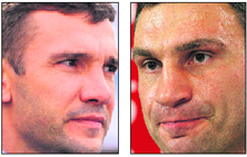 Football super-striker Andriy Shevchenko (L) was badly off target and boxing champ Vitali Klitschko failed to punch above his weight in the Ukraine's parliamentary ballot.