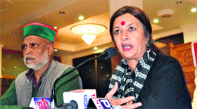 Brinda Karat, CPM Politburo member, addresses mediapersons in Shimla on Tuesday.
