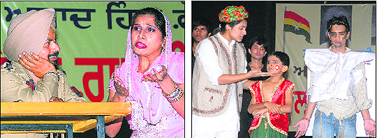 Artistes enact a scene from the play "Kalyug da Rab"; and (right) a scene from the play Dekh Tamasha Roya during the 21st Mela Gadri Babein Da at Desh Bhagat Yadgar Hall in Jalandhar.  