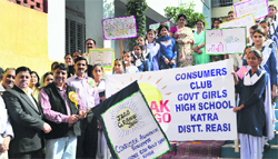 Reasi MLA flags off students rally for Jago Grahak Jago campaign launched in Katra on Tuesday. A Tribune photograph