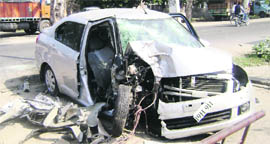 The damaged car which met with an accident in Sangrur. 