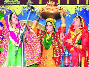Girls performing gidda during the Punjabi University Inter-Zonal Youth Festival in Patiala on Tuesday.