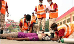 Teams formed by the National Disaster Management Authority carry out rescue operations to demonstrate their preparedness in times of natural calamity in Bathinda on Wednesday