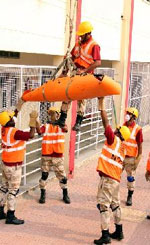 Teams formed by the National Disaster Management Authority carry out rescue operations to demonstrate their preparedness in times of natural calamity in Bathinda on Wednesday