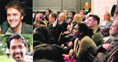 Clockwise from top left: Jon Slack; a view of the audience at the South Asian Literary Festival Audience ; Bhavit Mehta