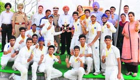 Students of Police DAV Public School in jubilant mood after winning the Independent Sahodaya Complex Inter-School Cricket Tournament (U-19 Boys) in Jalandhar