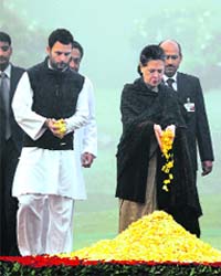 Congress president Sonia Gandhi and AICC general secretary Rahul Gandhi pay tributes to former Prime Minister Indira Gandhi on her 28th death anniversary in New Delhi on Wednesday