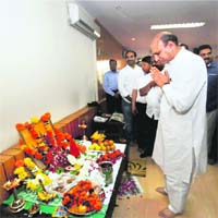 New Human Resource Development (HRD) Minister MM Pallam Raju performs prayer before taking charge in New Delhi on Wednesday