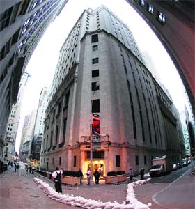The back entrance to the New York Stock Exchange surrounded by sand bags on October 28, 2012
