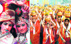 Devotees dressed up as deities and (right) women take out a Kalash Yatra in Gurgaon.
