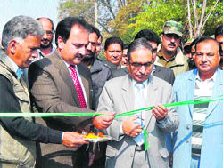 Minister for Agriculture Ghulam Hassan Mir with senior government officials during the inauguration of a Farm Machienary Mela at Lalmandi in Srinagar on Thrusday.