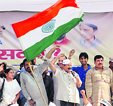 India Against Corruption activist Arvind Kejriwal addresses a rally in Farrukhabad on Thursday.