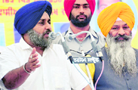 Deputy Chief Minister Sukhbir Badal and former minister SS Langah at Jaura Chhattran village in Gurdaspur. 