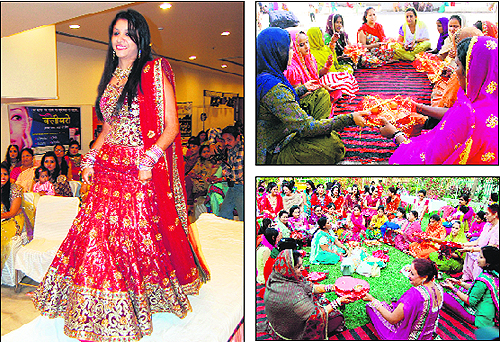 A married woman walks the ramp during the Mrs. Karva Chauth Modelling Competition; women jail inmates perform rituals in the Amritsar Central Jail; and women at Rani Ka Bagh Park observe Karva Chauth in Amritsar on Friday. 