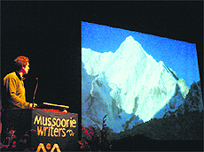 American climber Steve Swenson shows a film on his expedition to Saser Kangri II during the Writers Festival in Mussoorie on Friday.