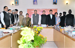 Chief Minister Vijay Bahuguna along with his colleagues at a Cabinet meeting at Gairsain in Chamoli on Saturday. 