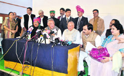 Chief Minister Vijay Bahuguna addresses a press conference after the Cabinet meeting at Gairsain in Chamoli on Saturday. 