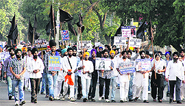 The youth wing of the Dal Khalsa organises a march in Jalandhar on Saturday. 