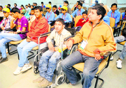 Differently abled children attend a workshop at the Indira Holiday Home in Sector 24, Chandigarh, on Sunday.