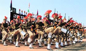 BSF recruits take part in a passing-out parade in Humhama on the outskirts of Srinagar on Sunday.