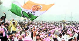 Congress workers at a party rally in New Delhi on Sunday.