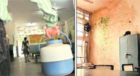 An employee of the Dadu Majra dispensary fetches drinking water from a residential area in the absence of water supply; and (right) seepage in the pharmacy room of the dispensary