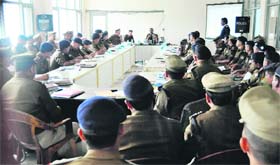 DGP Satyavrat Bansal addresses a meeting of police officials in Dehradun on Monday